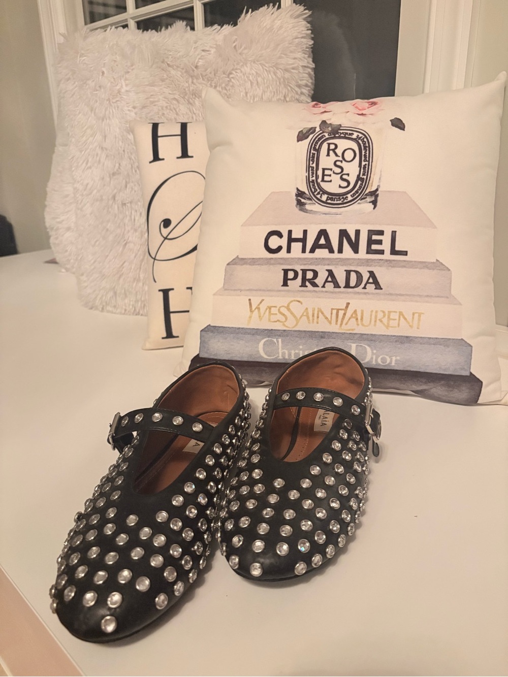 Alaïa Black Leather Mary Jane Flats with Silver Studs